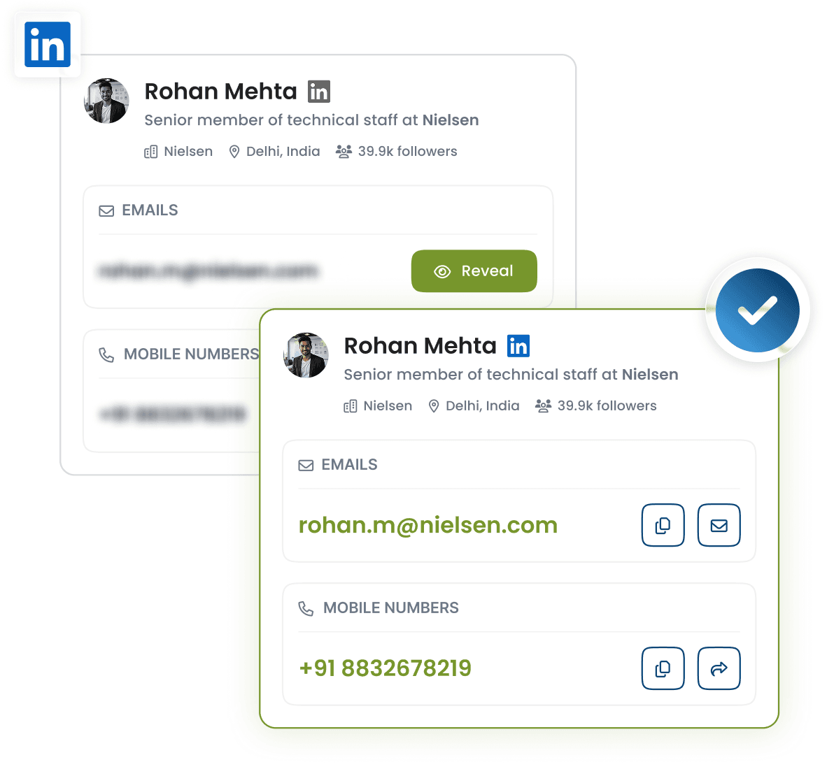 A LinkedIn profile in Unifers with its verified email address and mobile number revealed.